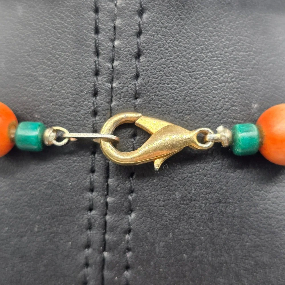 Boho Beaded Necklace Multicolor Carved Wood Gold Filigree‎ Tribal Statement 28in